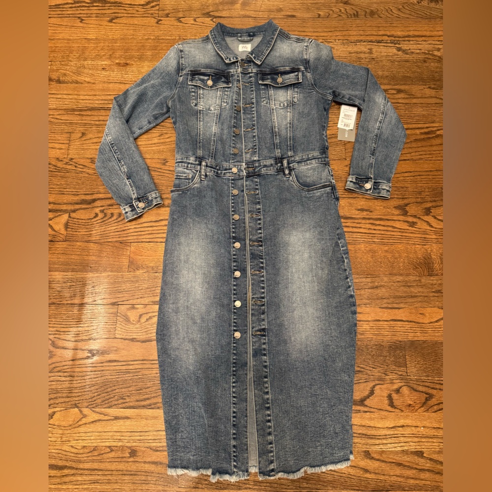 WL Lab Wash Lab Denim Maxi Shirt Dress Snap Front Frayed Hem NWT Size L